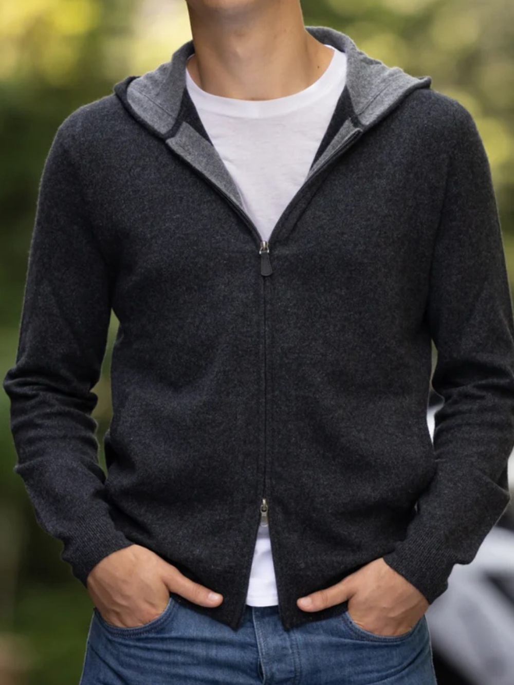 Navy Cashmere Zip-Front Hooded Sweater - Men's